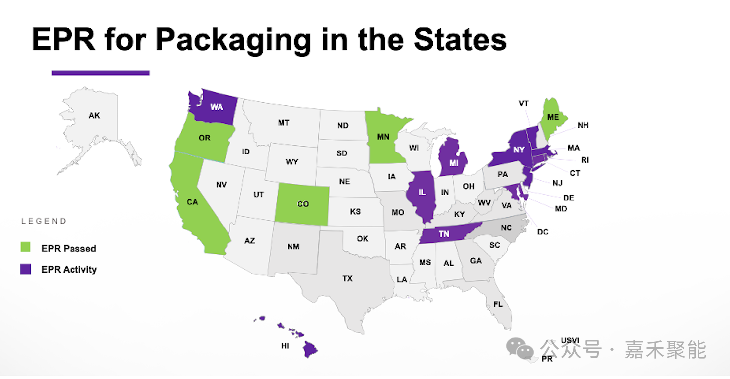 A map showing US states with plastic recycling laws 